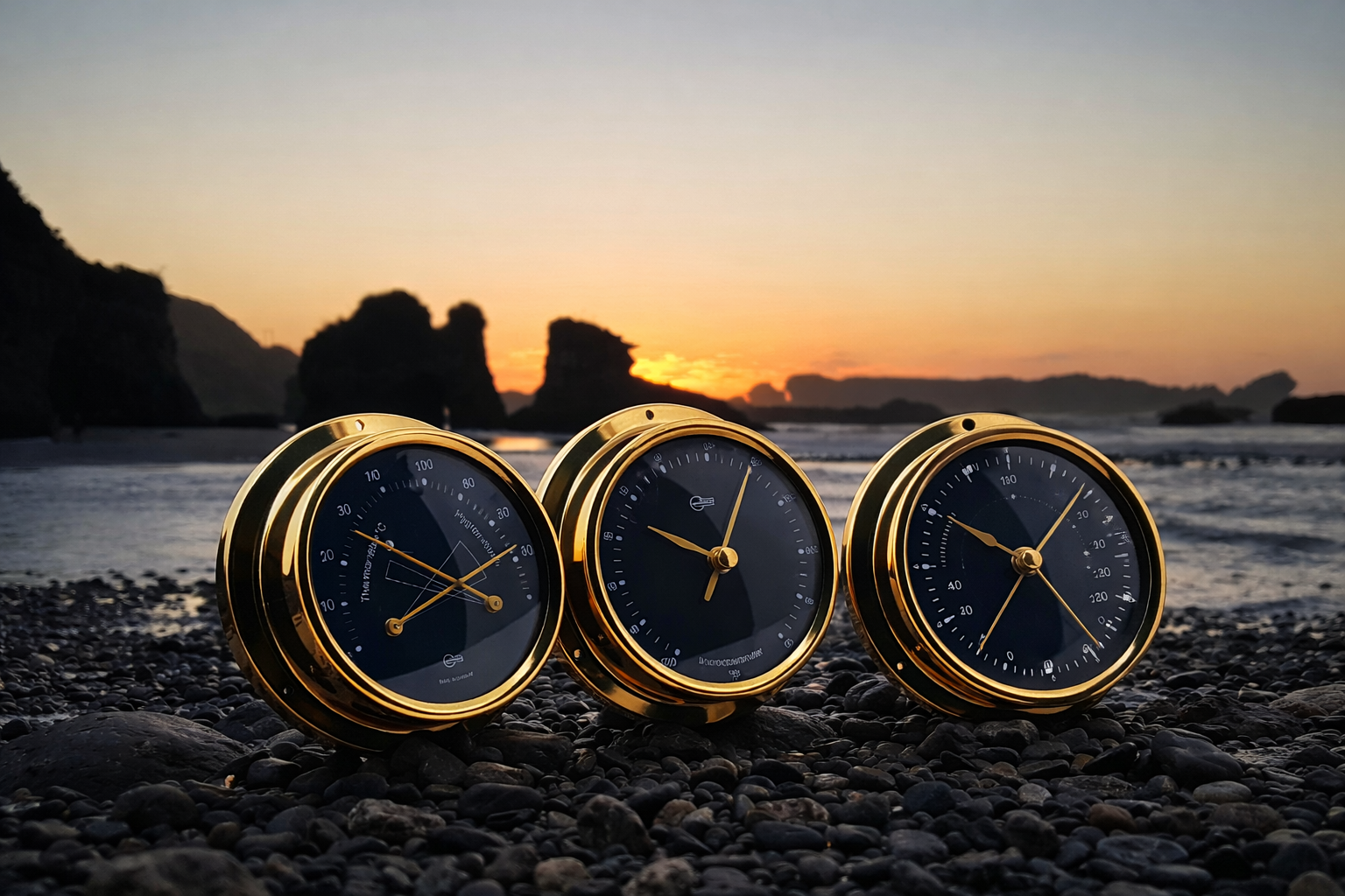 German-made barometer, hygrometer, and clock with gold trim on rocky shore at sunset