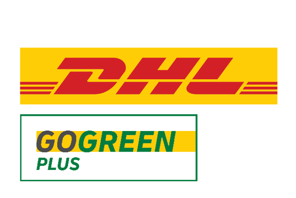 DHL logo with GoGreen Plus, representing eco-friendly shipping service
