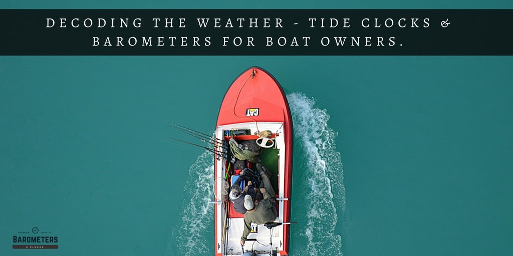 Red fishing boat with two people on blue water, promoting barometers and tide clocks for boat owners