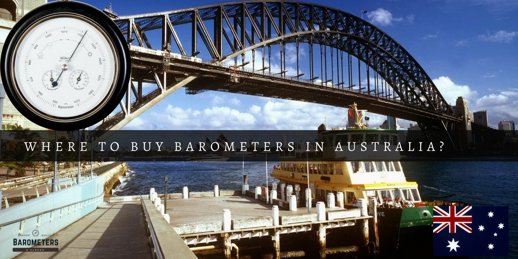 German barometer close-up with Sydney Harbour Bridge and ferry, Australia flag, buying guide theme