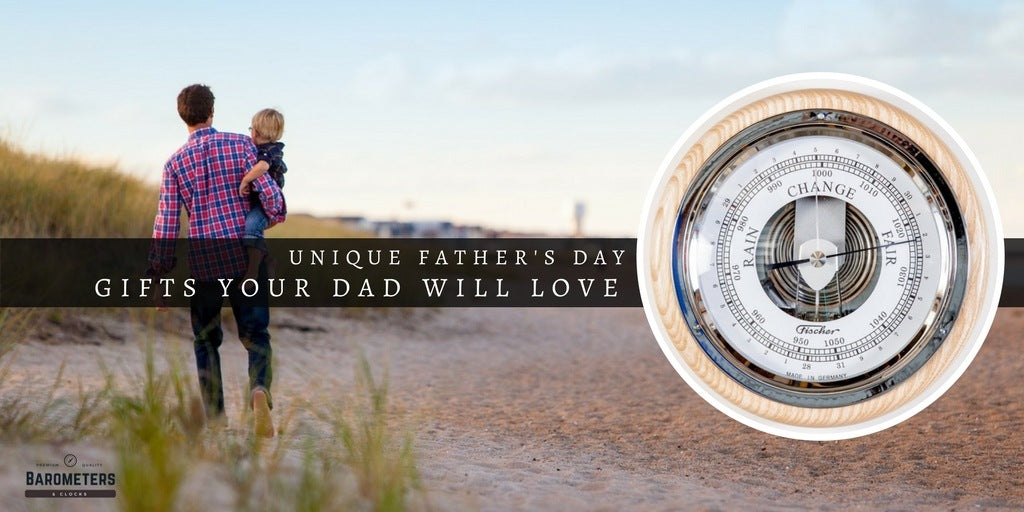 Father and child walking on beach with German barometer, unique Father's Day gift idea