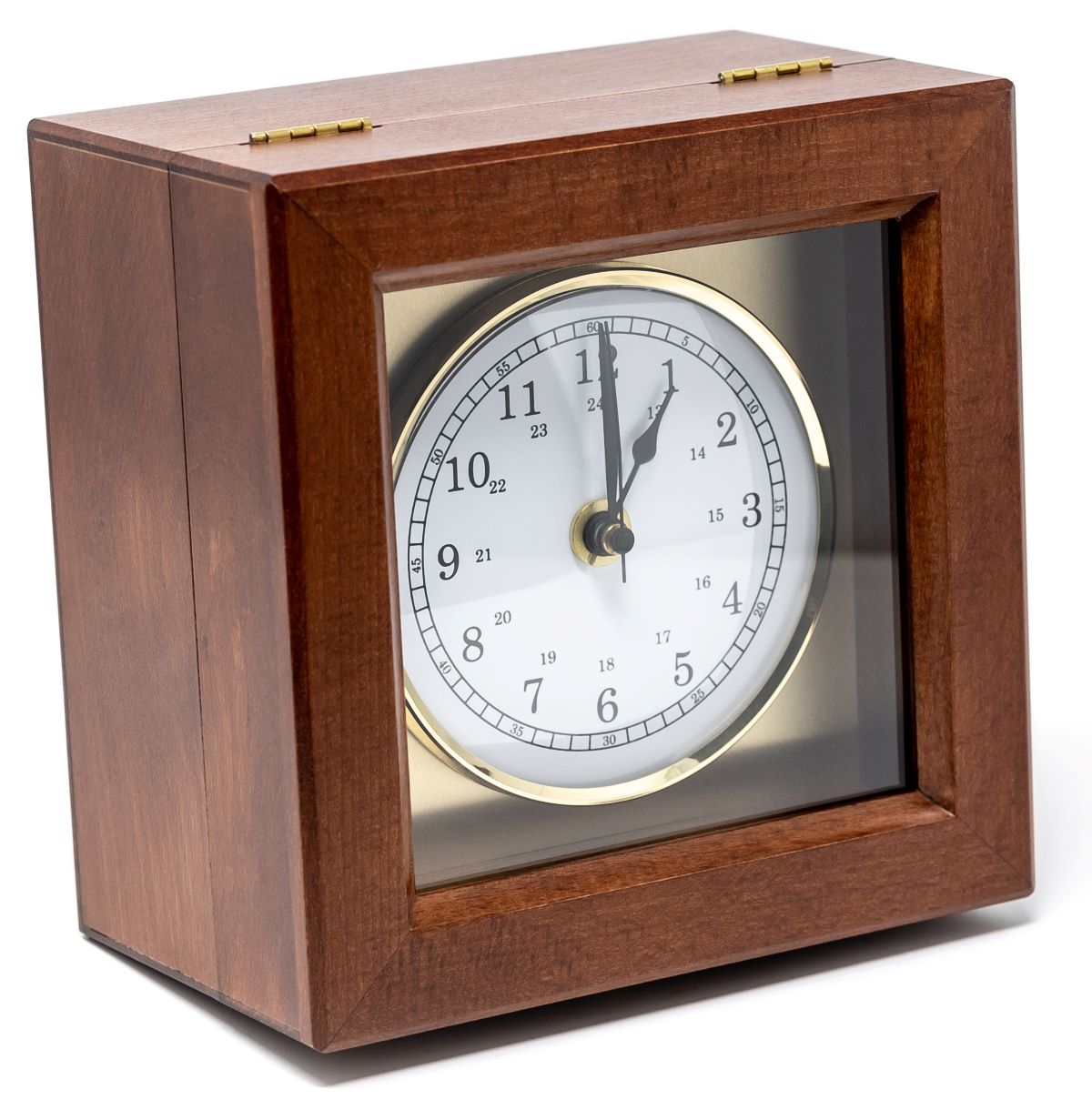 Classic analog desk clock with white dial in a wooden case, nautical and German-made style