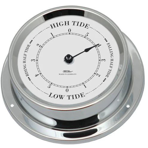 German-made analog tide clock with chrome frame displaying high and low tide levels
