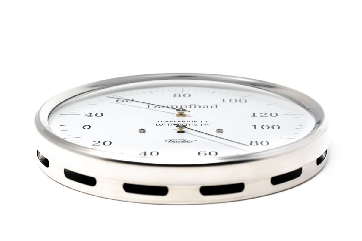 Round German-made sauna thermometer and hygrometer with stainless steel frame