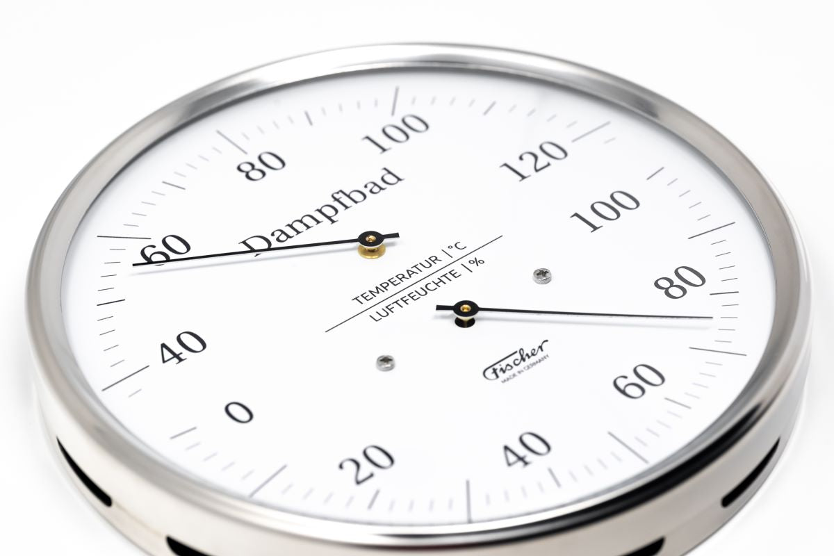 German made sauna hygrometer and thermometer with stainless steel frame, dual scale display