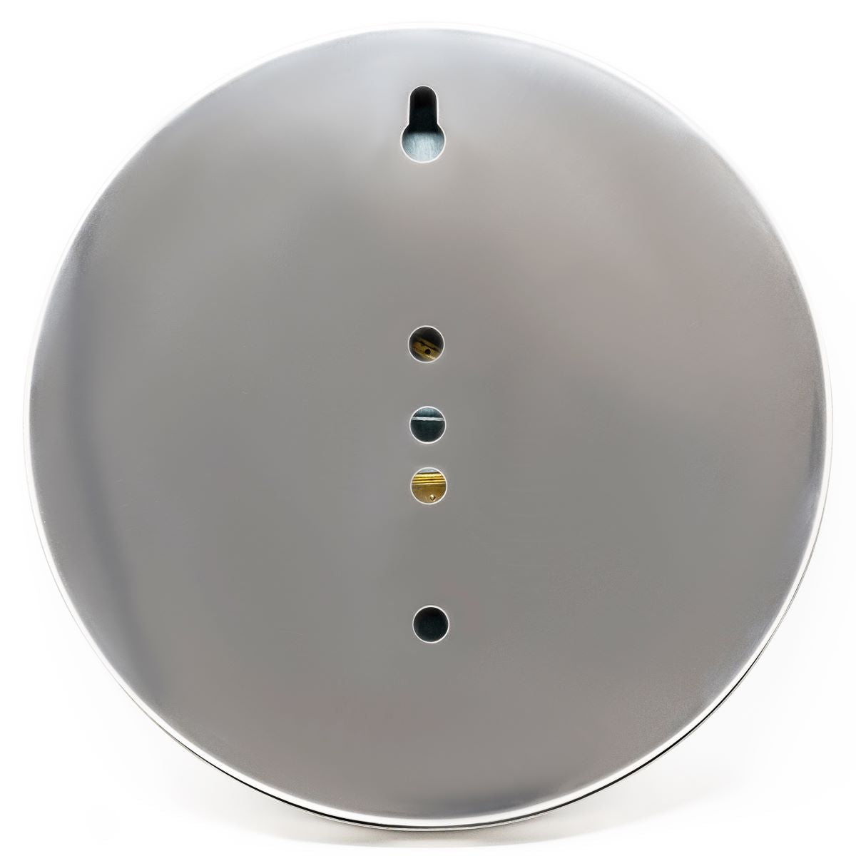 Back of a round silver wall barometer or clock with mounting holes, isolated on white