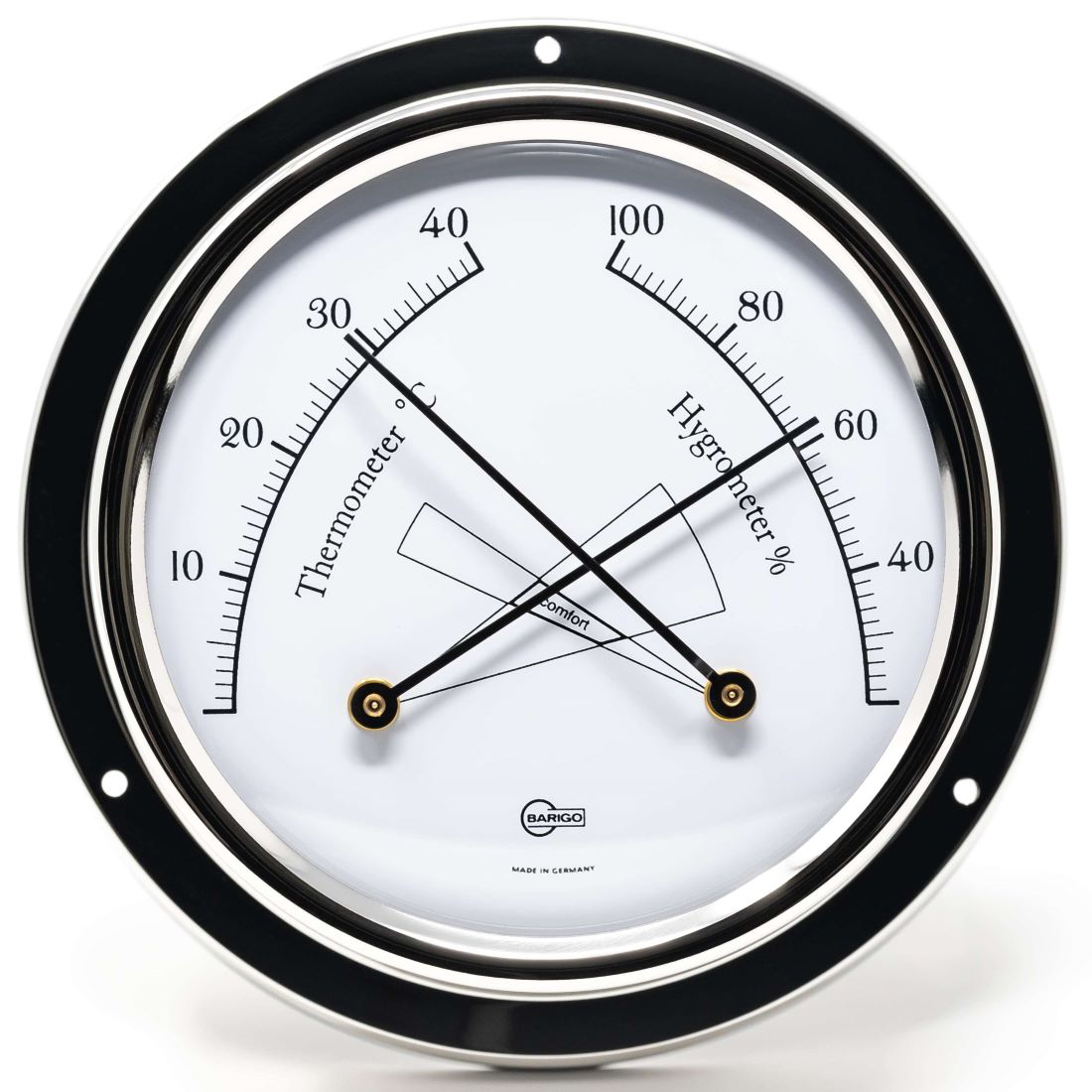 Round German-made analog thermometer and hygrometer with black bezel for weather monitoring