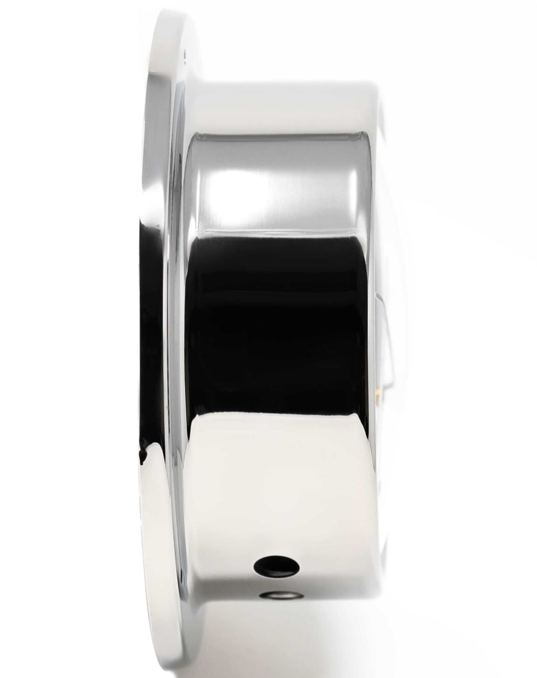 Side view of a polished chrome barometer or clock case, reflective metal finish