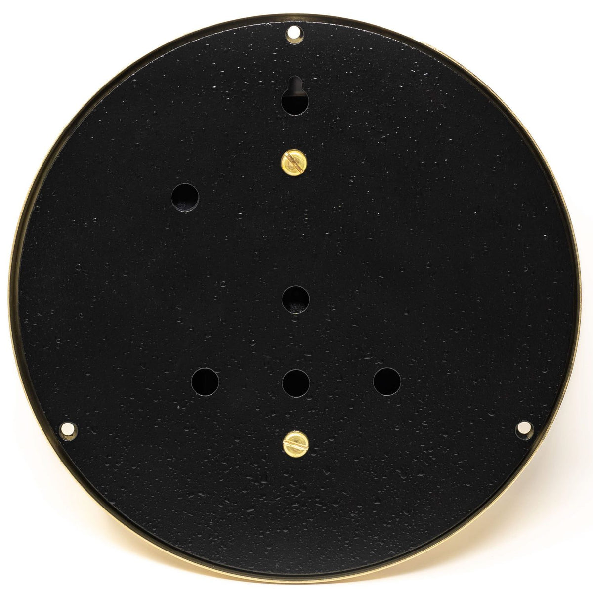Black metal barometer or clock back plate with mounting holes and brass screws