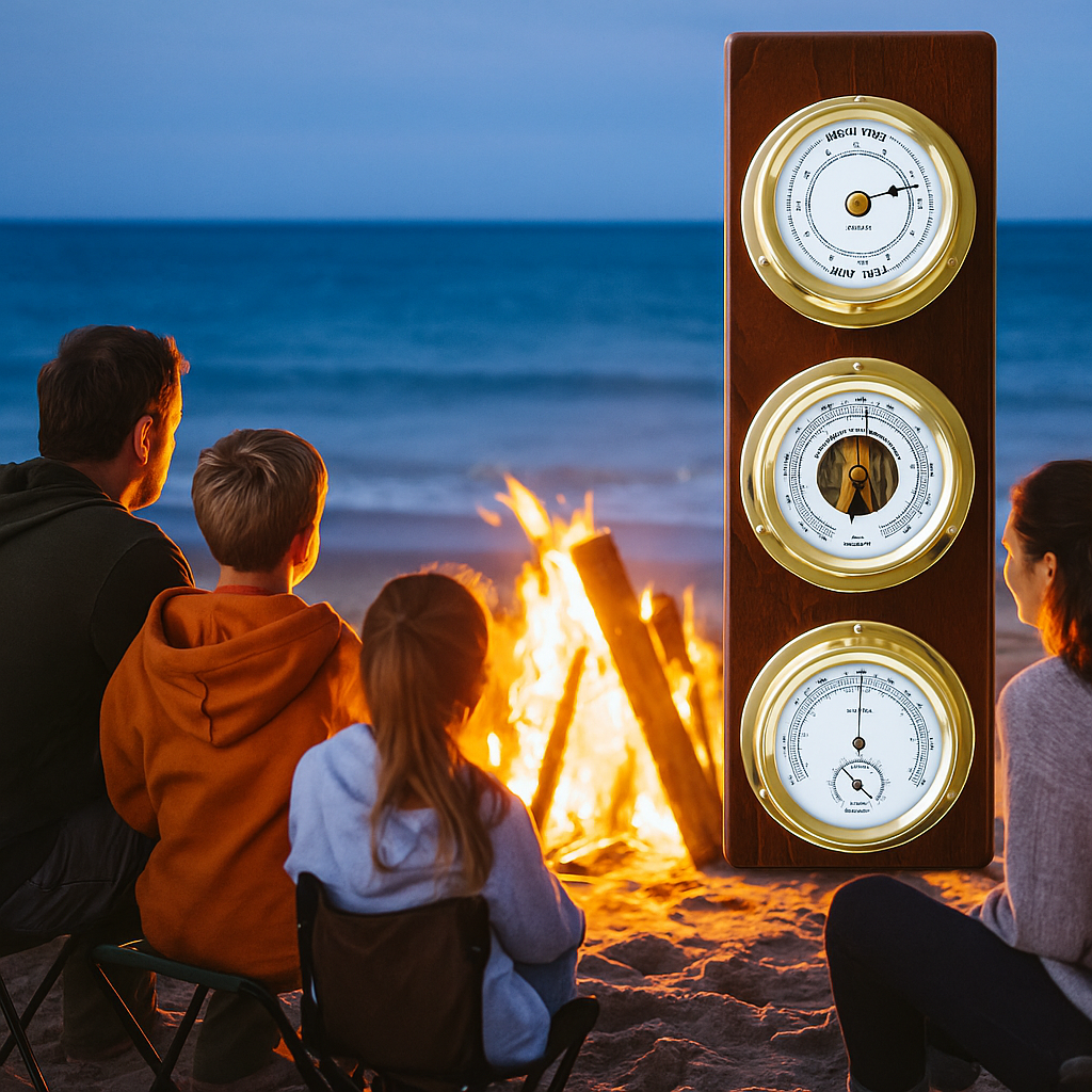Modern Mahogany & Brass Weatherstation – 4-in-1 Hygrometer, Barometer, Thermometer & Tide Clock