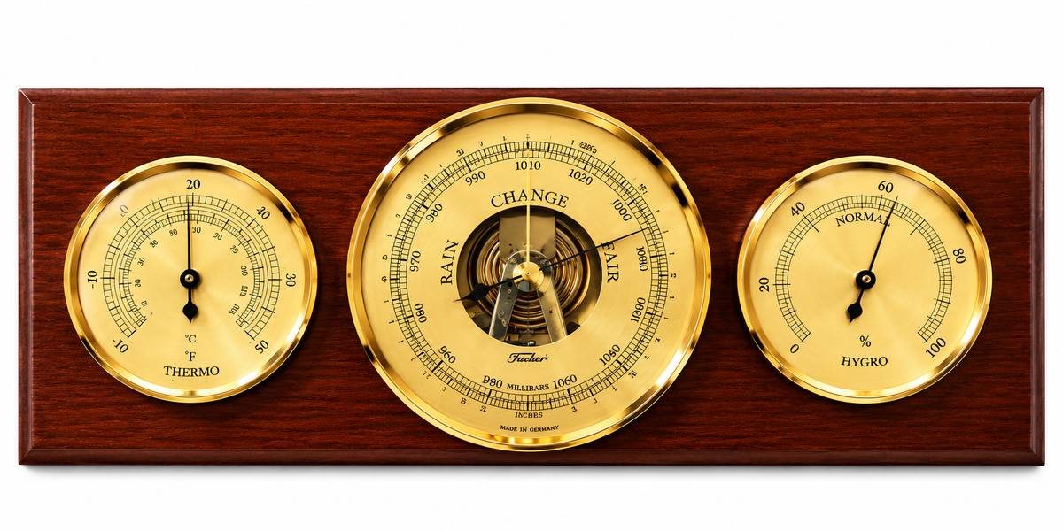 Modern Weatherstation 3 in 1 - Hygrometer + Barometer + Thermometer | Mahogany & Brass | 9103-22