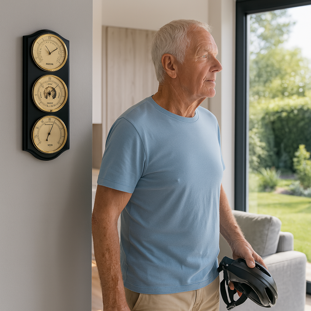 Wall-mounted brass weather station with barometer, thermometer, hygrometer in modern home interior.