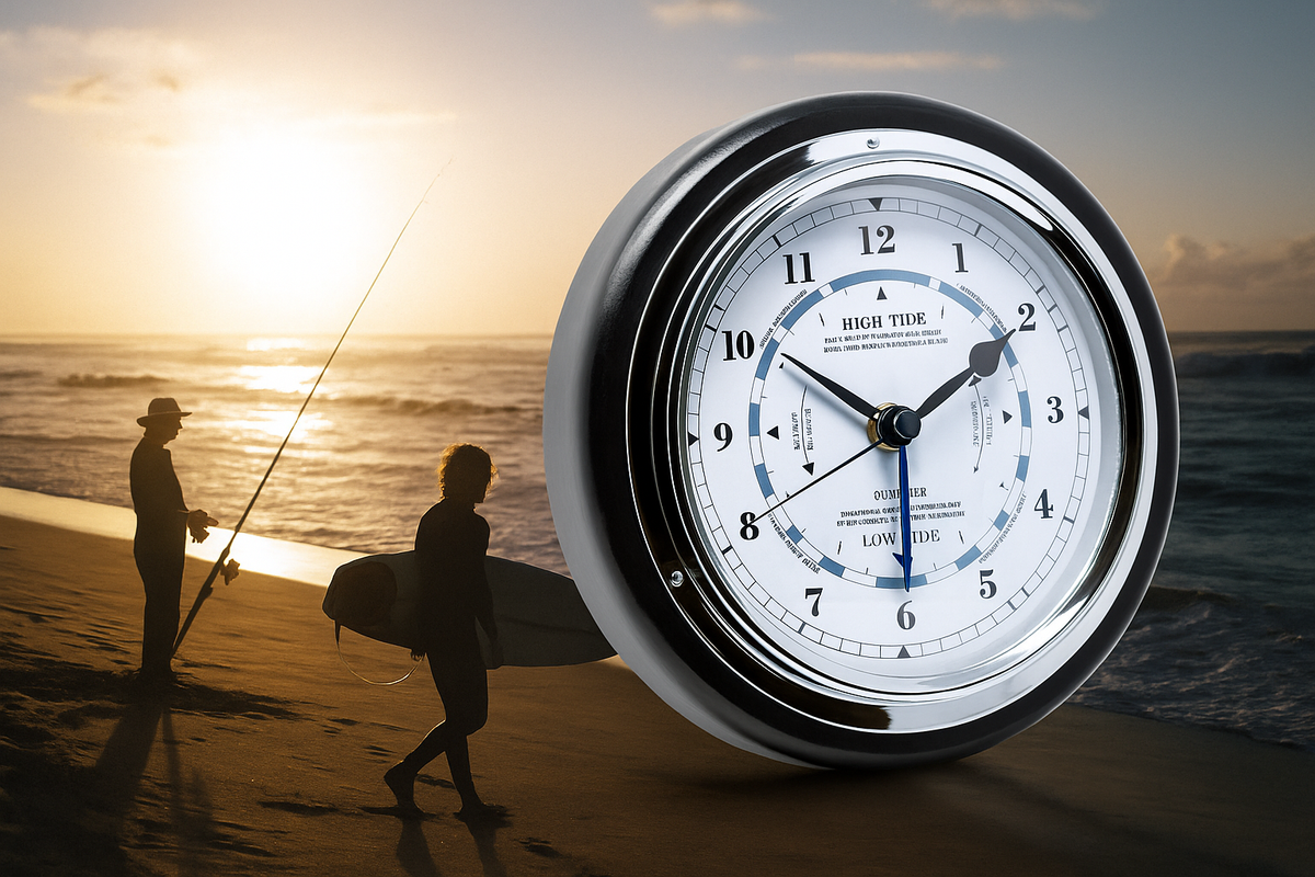 The Black & Chrome Tide Tracker – Precision Tide Clock + Quartz Wall Clock (Fischer Germany)