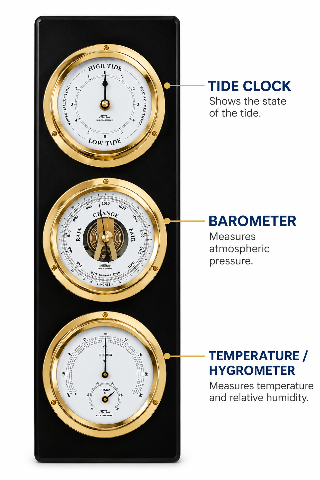 Modern Ebony & Brass Weatherstation – 4-in-1 Hygrometer, Barometer, Thermometer & Tide Clock