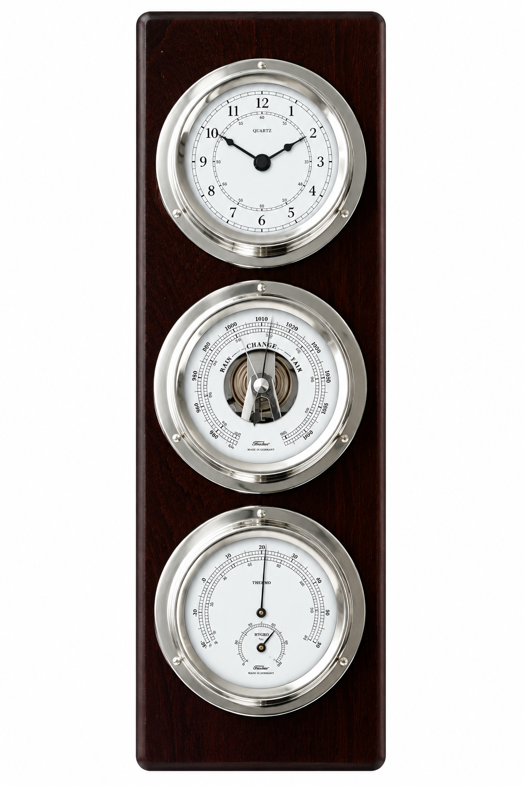 Indoor Weatherstation – 4-in-1 Hygrometer, Barometer, Thermometer & Quartz Clock | Modern Ebony Black & Chrome | 510mm x 150mm | 1538TD-06