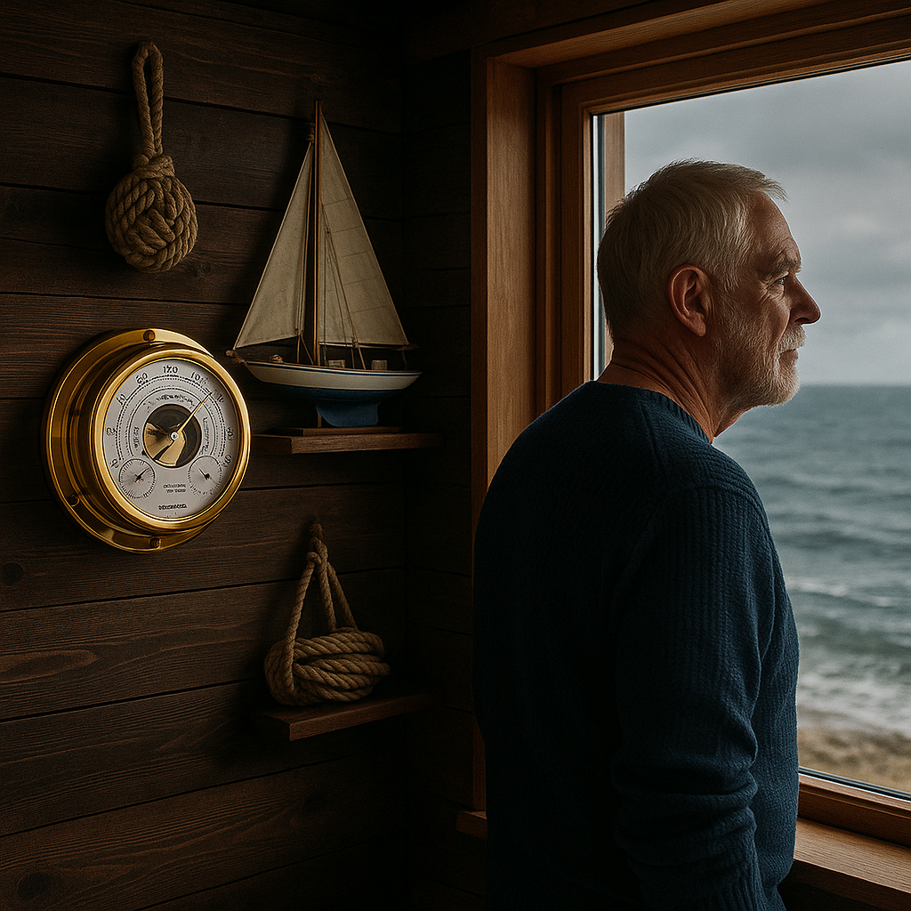Man lokking at the ocean with a weather instrument stuck on the wall.