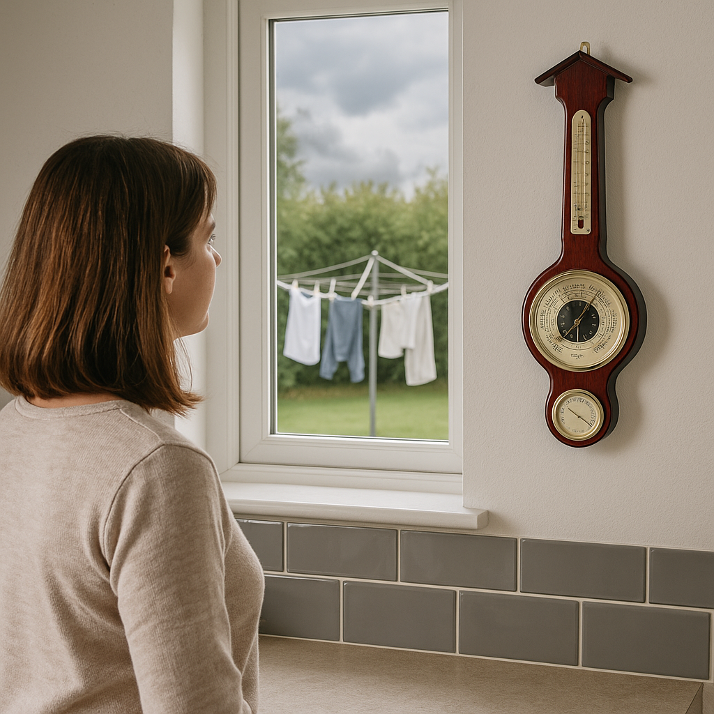 Woman in kitchen looks at banjo mahogany barometer and weather station on wall