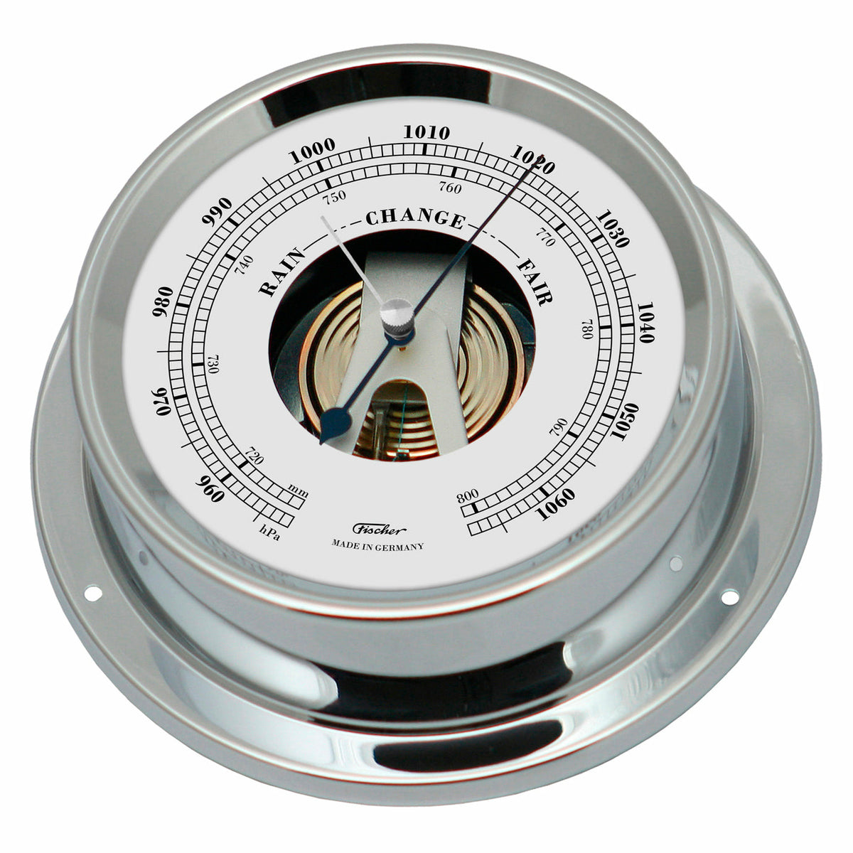 Chrome analog barometer with white dial, pressure scale, and visible inner mechanism