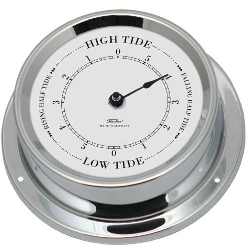 German made analog tide clock with chrome finish, showing high and low tide indicators.