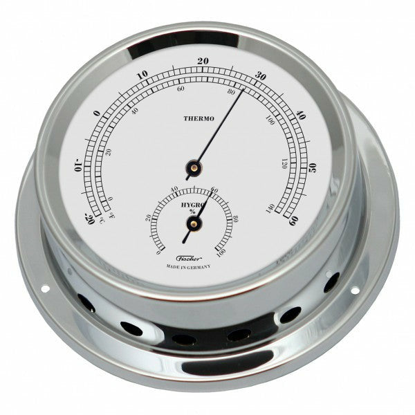 German made wall-mounted thermometer and hygrometer with chrome casing for home or nautical use