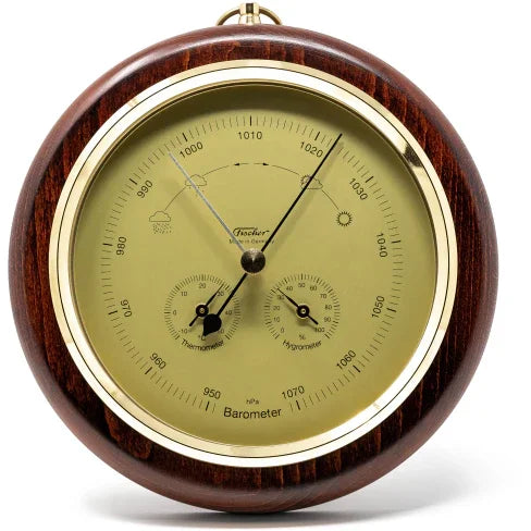 Analog barometer with thermometer and hygrometer, gold dial, wooden frame