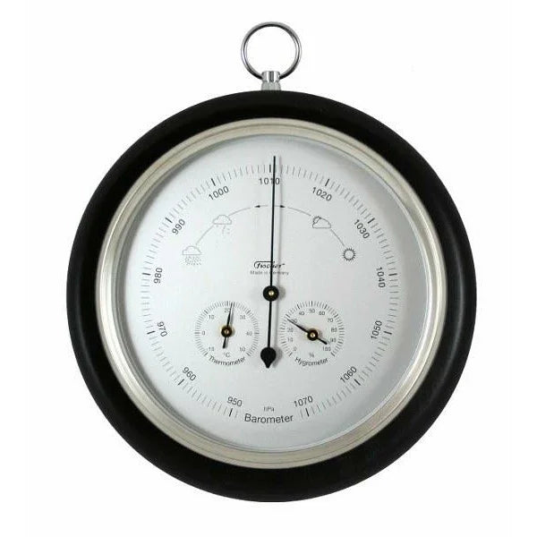 Round wall barometer with thermometer and hygrometer, black frame, weather instrument.