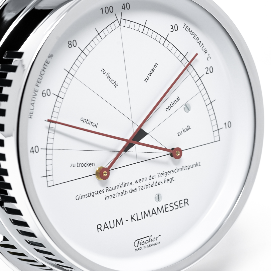 German indoor climate meter with chrome frame, temperature and humidity gauges