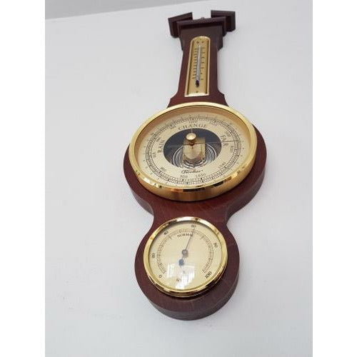 German made wooden weather station with brass barometer, thermometer, and hygrometer