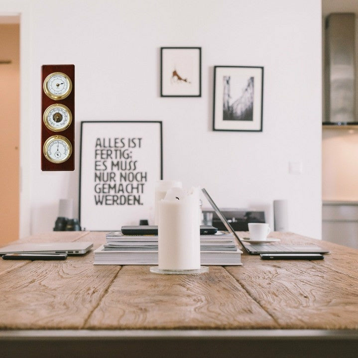 Modern Mahogany & Brass Weatherstation – 4-in-1 Hygrometer, Barometer, Thermometer & Tide Clock