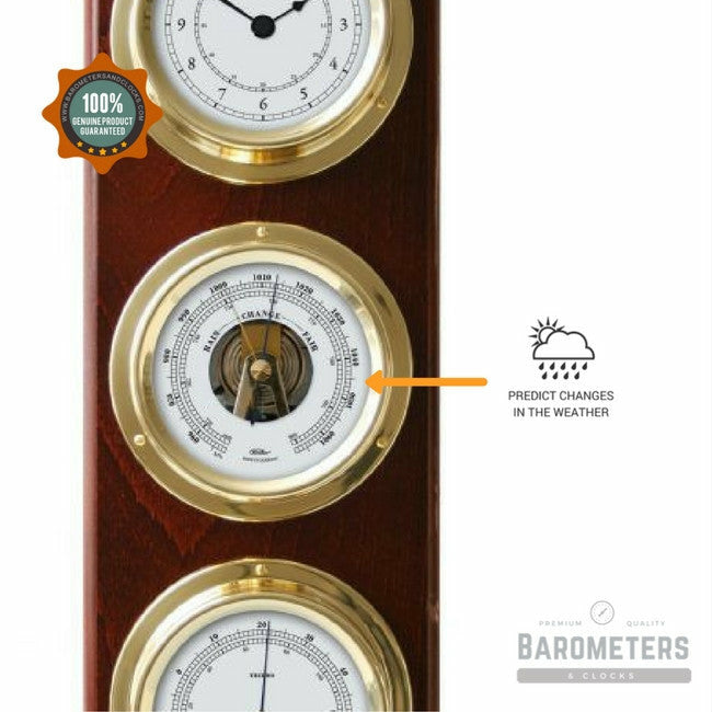 Modern Mahogany & Brass Weatherstation – 4-in-1 Hygrometer, Barometer, Thermometer & Quartz Clock