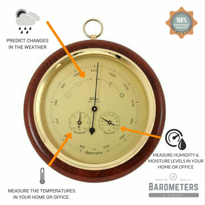 Mahogany & Brass Weather-Station  3 in 1 - Hygrometer + Barometer + Thermometer