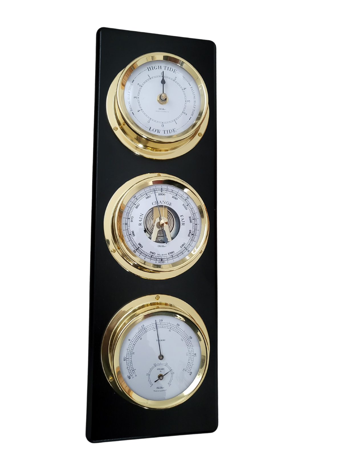 Modern Ebony & Brass Weatherstation – 4-in-1 Hygrometer, Barometer, Thermometer & Tide Clock