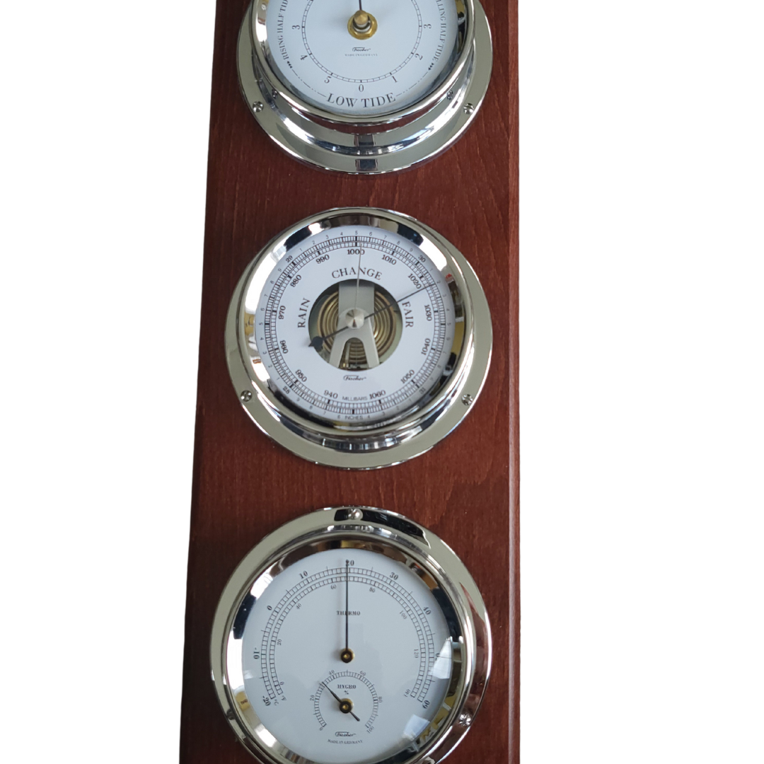 Modern Mahoany & Chrome Weatherstation – 4-in-1 Barometer, Hygrometer, Thermometer & Tide Clock