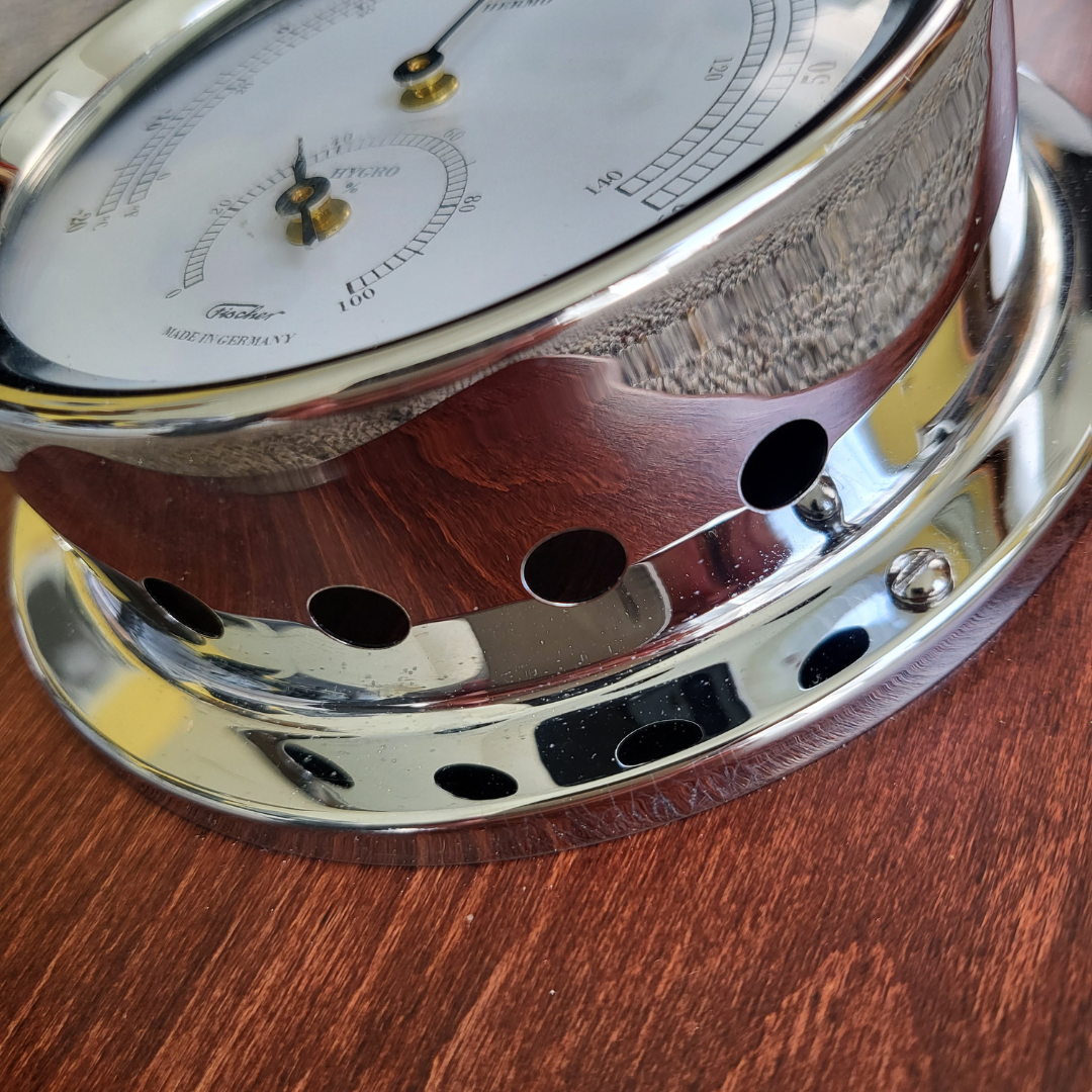 Modern Mahoany & Chrome Weatherstation – 4-in-1 Barometer, Hygrometer, Thermometer & Tide Clock