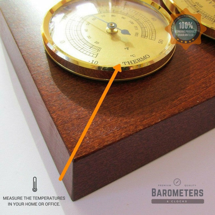 Modern Mahogany & Brass Weatherstation 3 in 1 - Hygrometer + Barometer + Thermometer