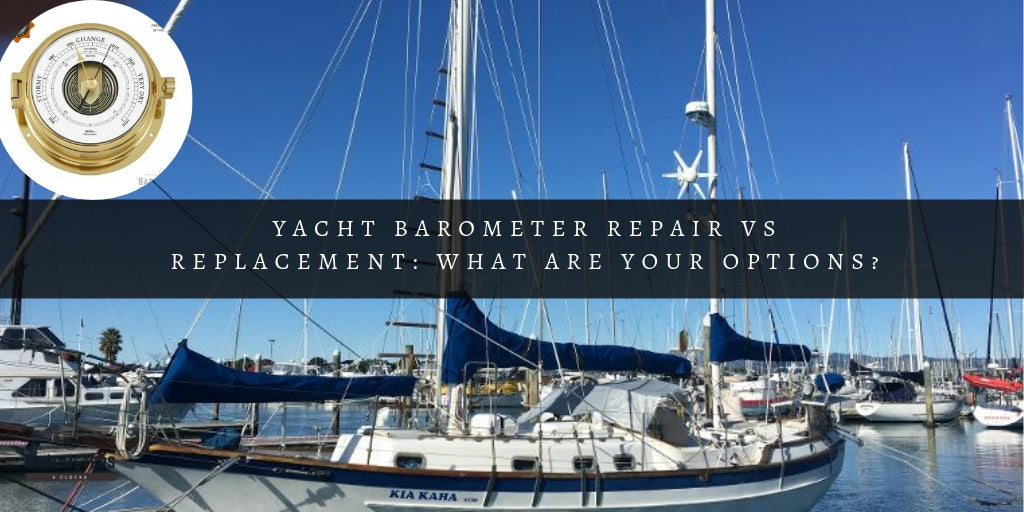 Yacht docked at marina with a brass barometer, highlighting nautical weather instruments.
