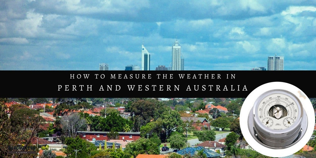 Perth skyline with clouds, houses, and a round weather barometer, measuring weather in Australia.