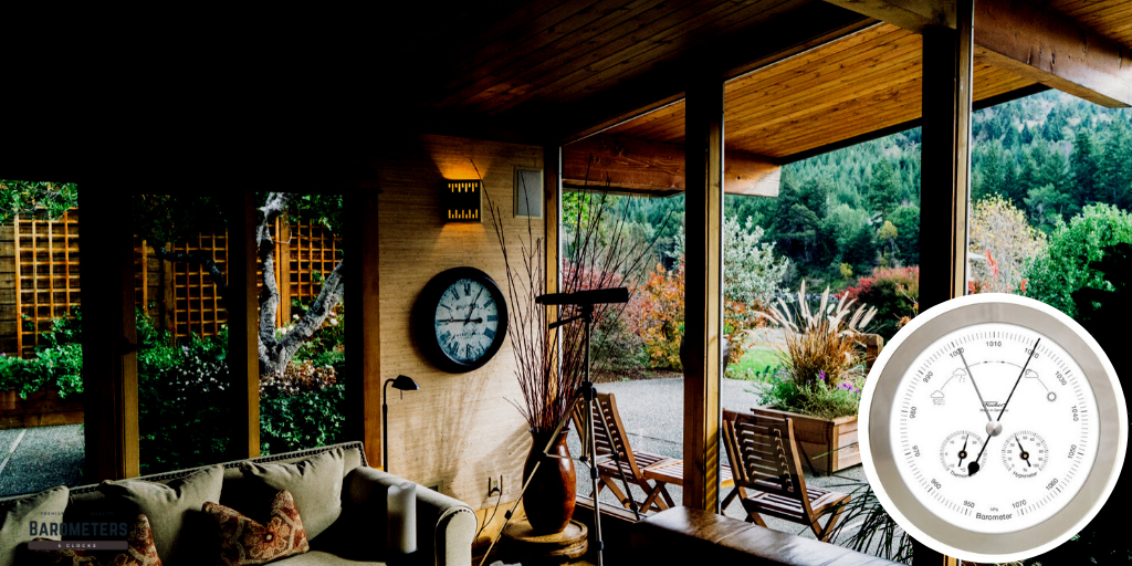 Modern living room with large windows, garden view, wall clock and a German barometer overlay