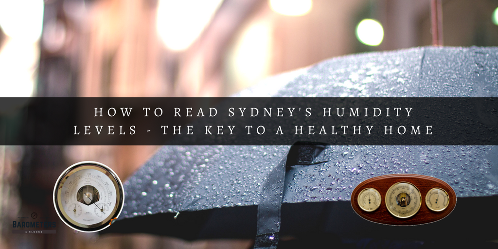 Rain-soaked umbrella with barometer and hygrometer, Sydney humidity levels guide text