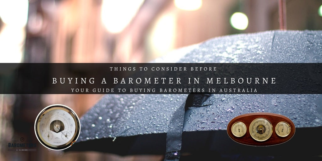 Barometers on display with a rain-soaked umbrella, buying barometers in Melbourne guide