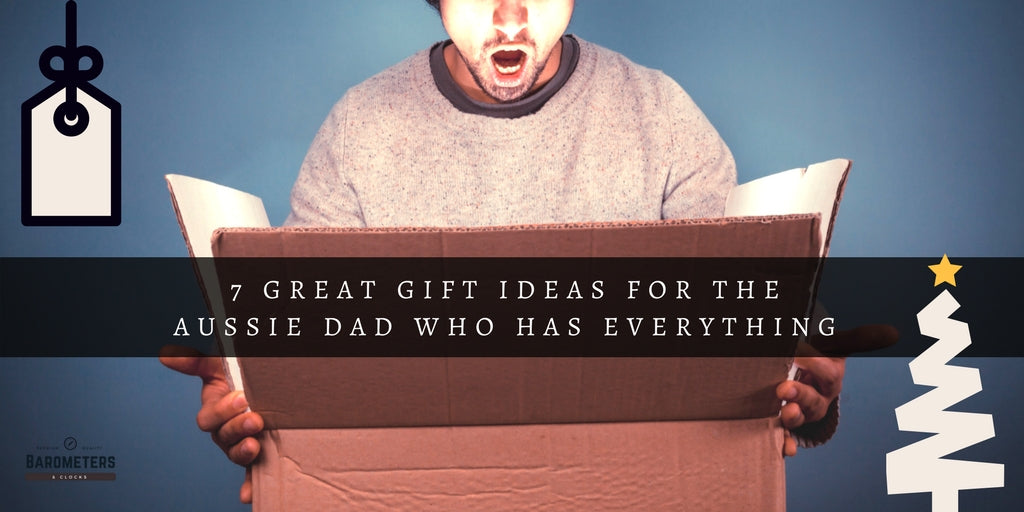 Man surprised opening gift box, text overlay about Christmas gift ideas for dads, blue background