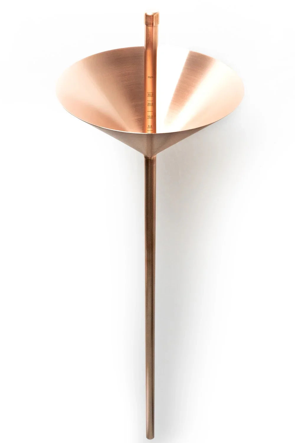 Copper rain gauge with funnel design and measurement markings for weather monitoring