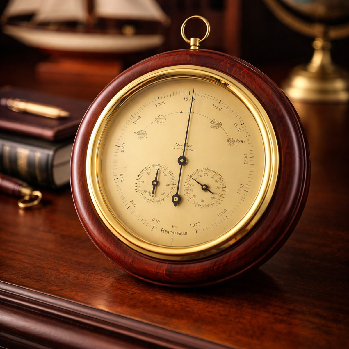 Desktop barometer and tide clock set on a modern office desk with lamp and plant