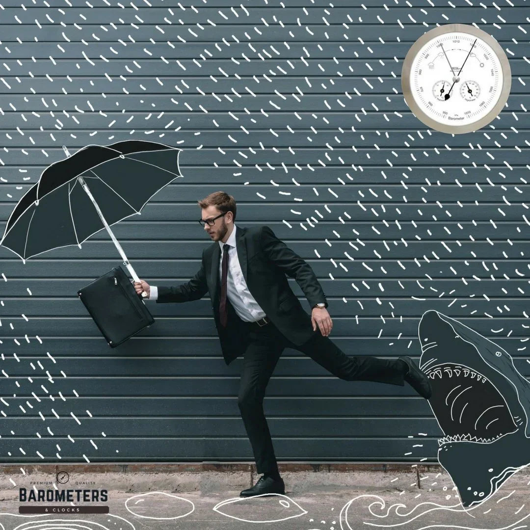 Man with umbrella and briefcase running in rain, illustrated shark, wall barometer