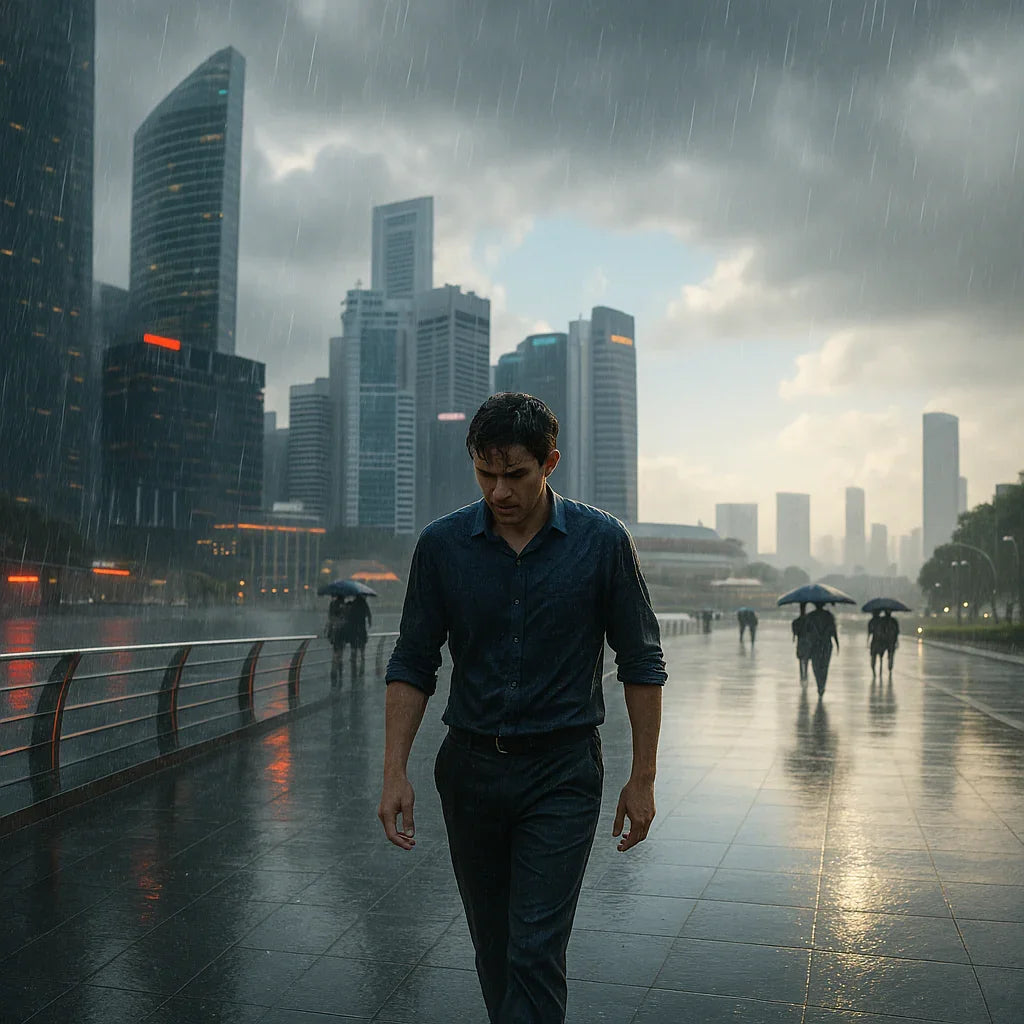 Man walking in rain on city promenade with modern skyscrapers and people holding umbrellas