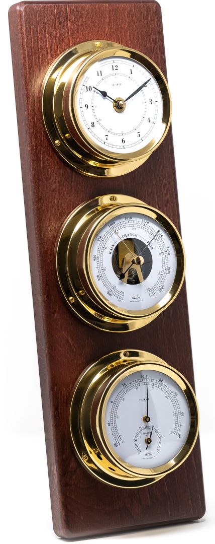 Modern Mahogany &amp; Brass Weatherstation – 4-in-1 Hygrometer, Barometer, Thermometer &amp; Quartz Clock
