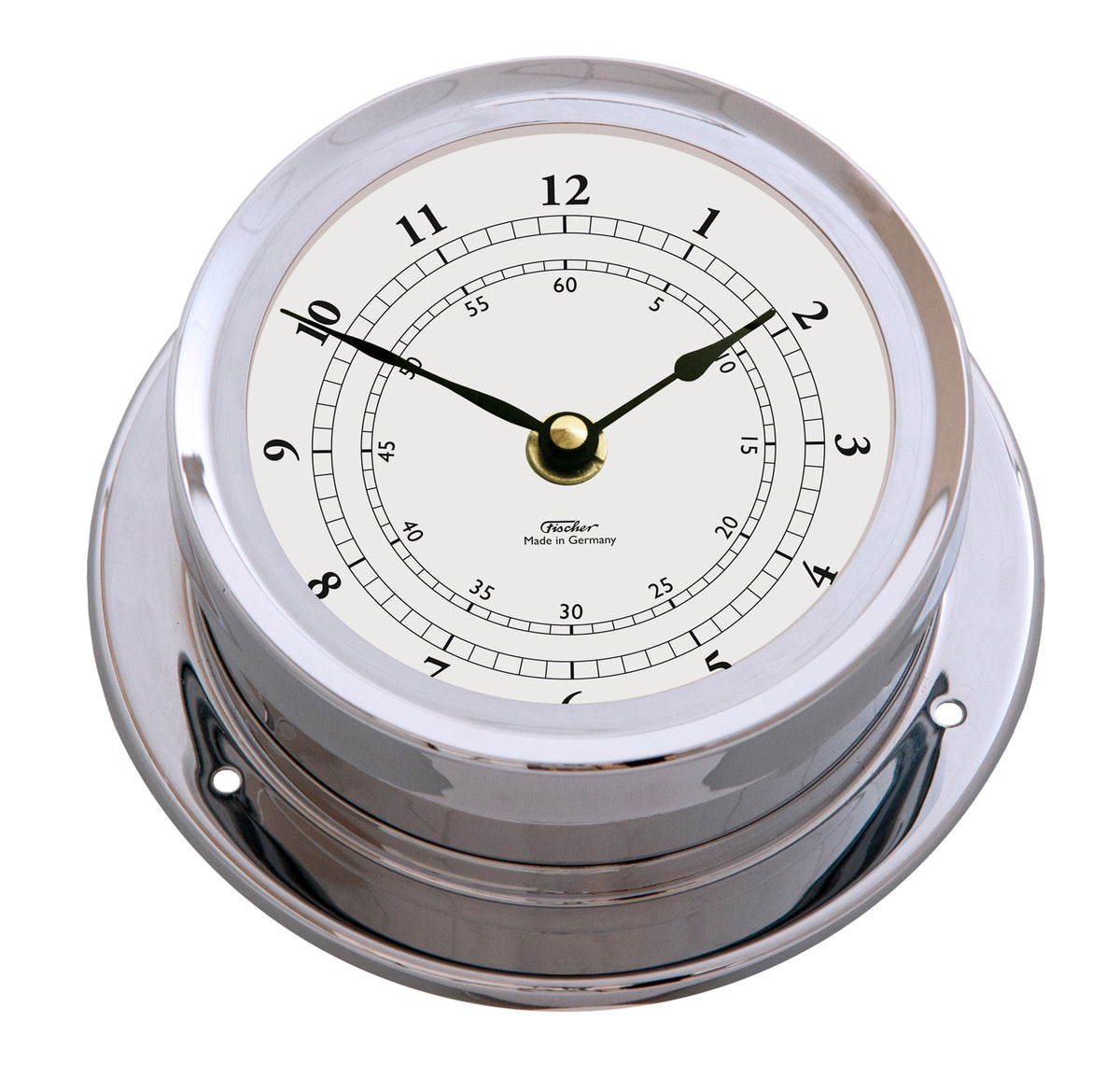 Nautical-style chrome wall clock with white dial and bold black numbers