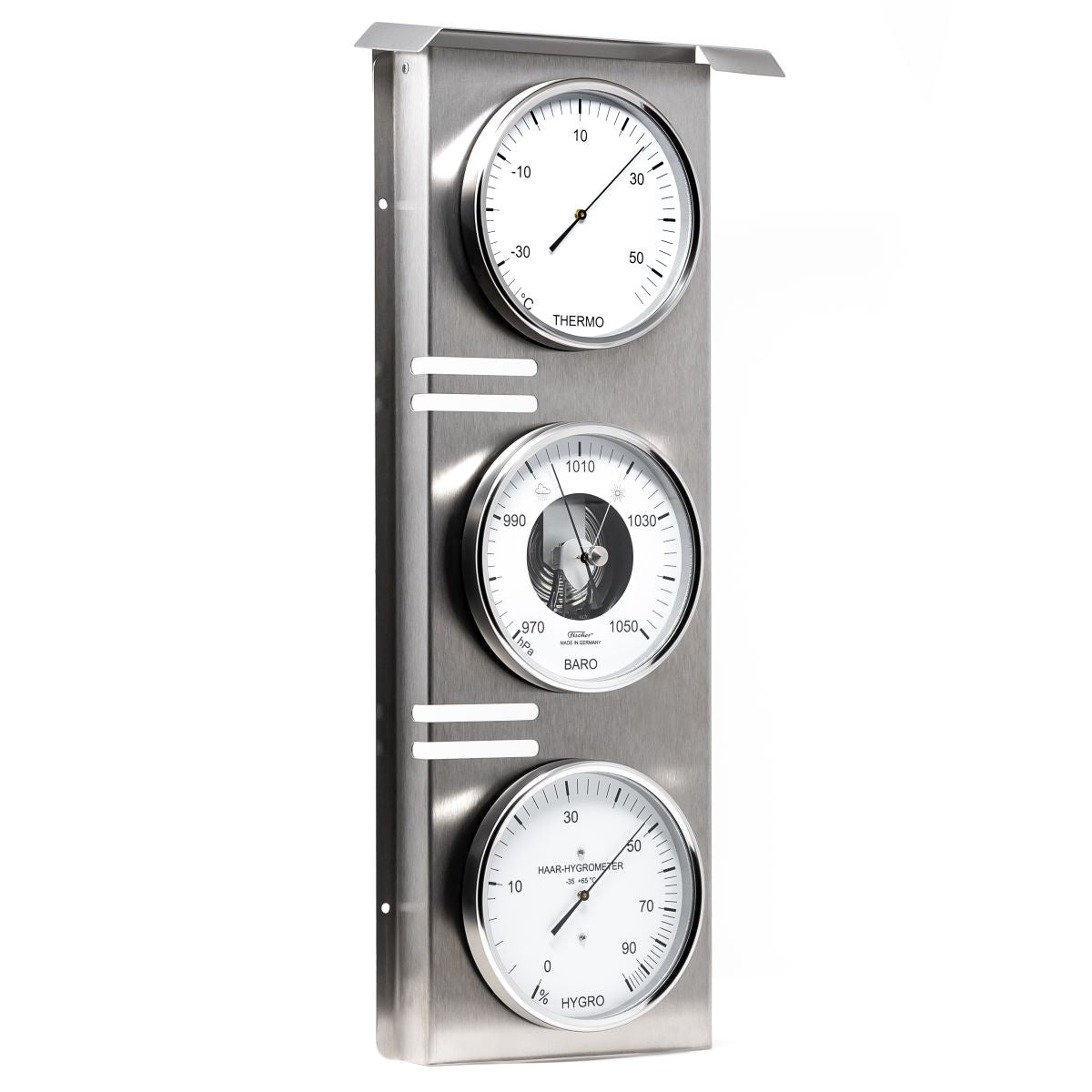 Wall-mounted weather station with barometer, thermometer, and hygrometer on stainless steel panel
