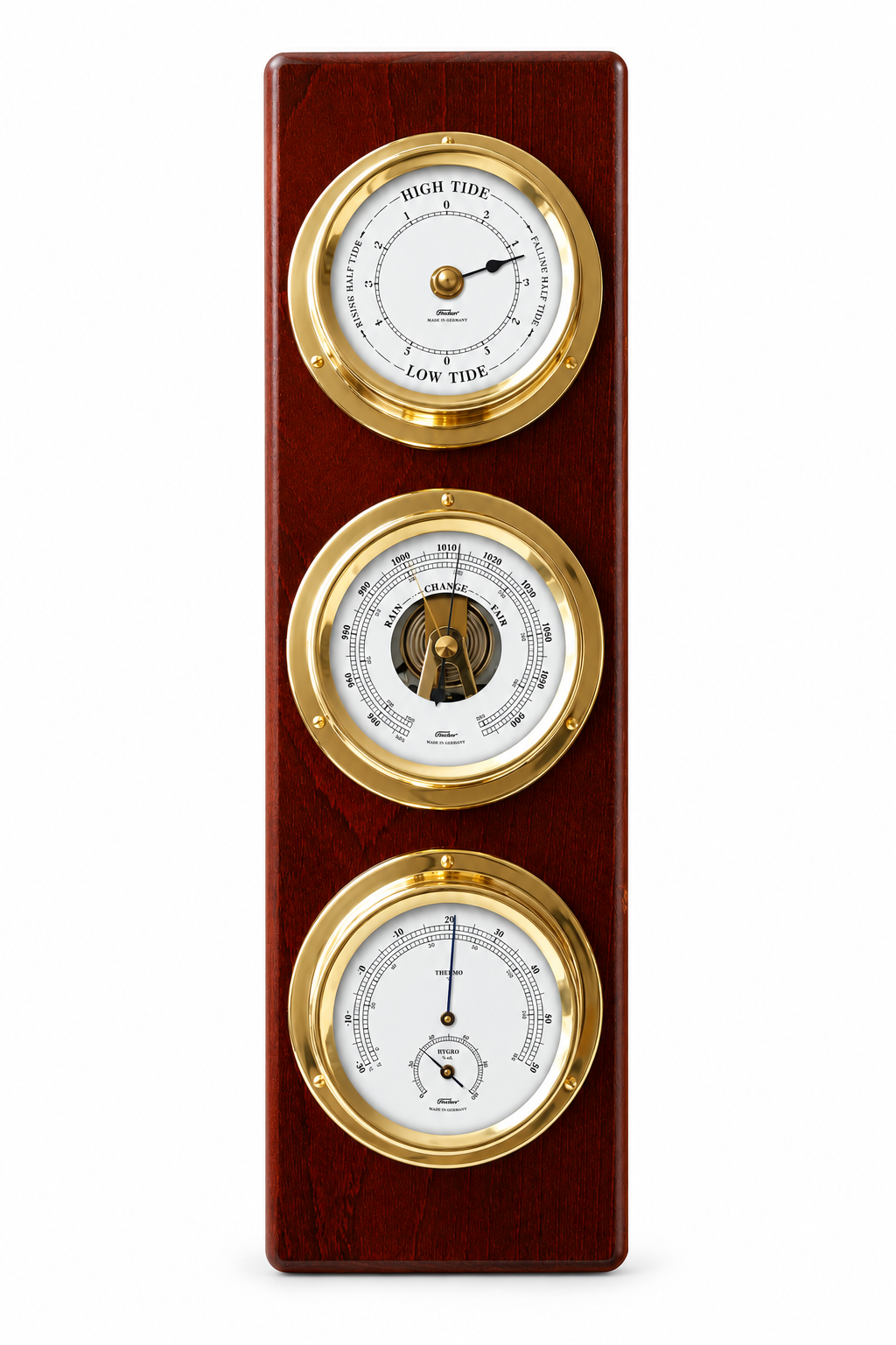 Modern Mahogany & Brass Weatherstation – 4-in-1 Hygrometer, Barometer, Thermometer & Tide Clock