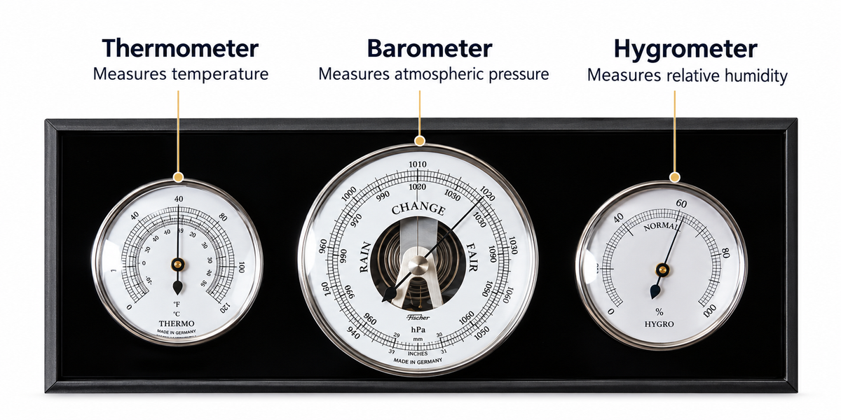 Modern Weatherstation 3 in 1 - Hygrometer + Barometer + Thermometer | Ebony & Chrome | 285mm x 125mm | 9103S-06